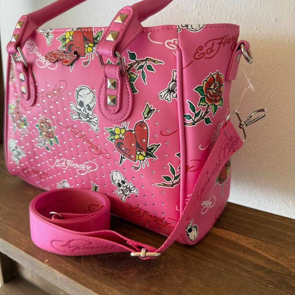 Ed Hardy Pink Skull Heart Thermal Lunch Tote Bag Rhinestone Y2K NWT Insulated - Picture 14 of 16